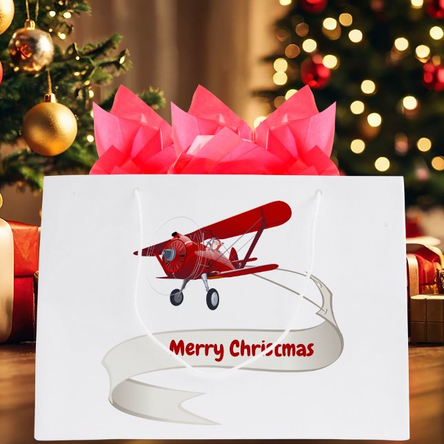 Personalised,Red Aeroplane & Santa, Merry Christma Large Gift Bag (Creator Uploaded)