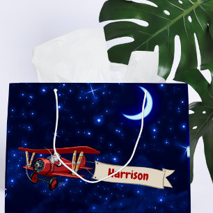 Personalised,Red Aeroplane & Santa, Merry Christma Large Gift Bag
