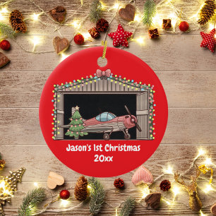 Personalised,Red Aeroplane & Tree, First Christmas Ceramic Tree Decoration