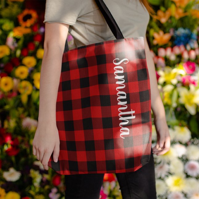 Personalised Red and Black Buffalo Check Tote Bag (Personalized Red and Black Buffalo Plaid Tote Bag)