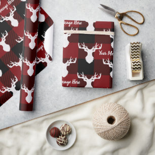 Personalised Red and Black Buffalo Plaid Deer Wrapping Paper