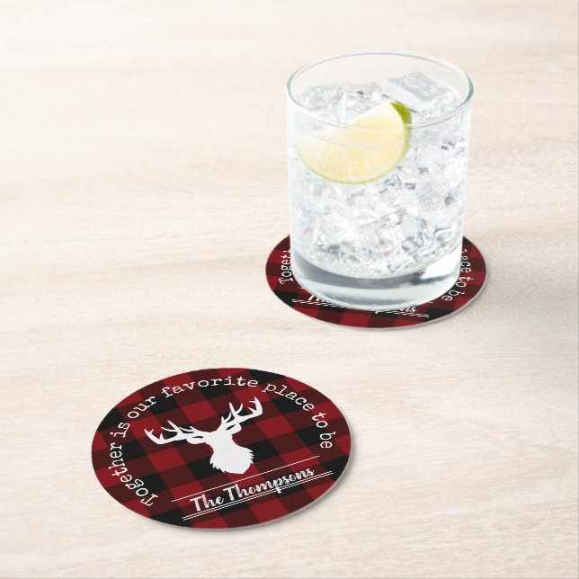 Personalised Red and Black Buffalo Plaid Round Paper Coaster (Insitu)
