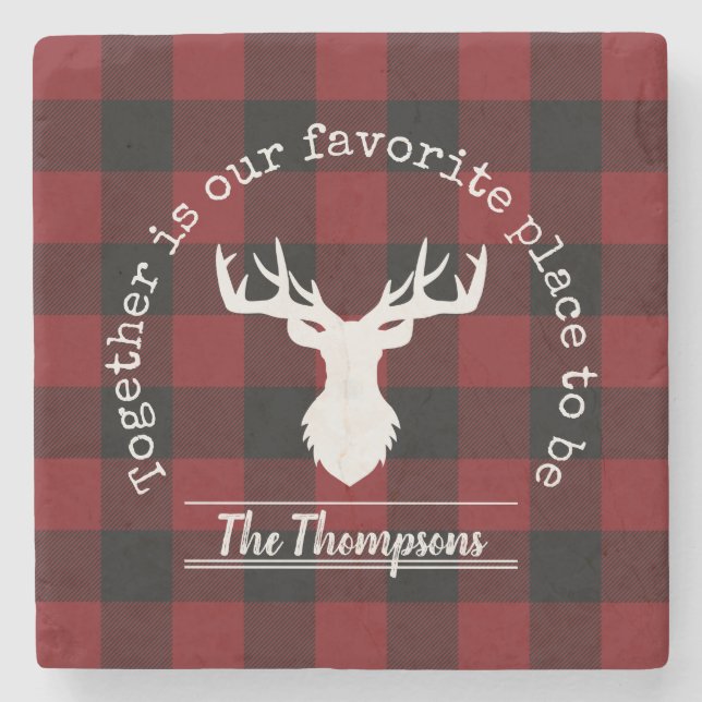 Personalised Red and Black Buffalo Plaid Stone Coaster (Front)