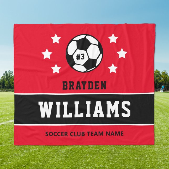 Personalised Red and Black Soccer Player Name Fleece Blanket (Creator Uploaded)
