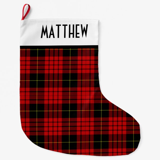 Personalised Red and Black Wallace Plaid Tartan Large Christmas Stocking (Front)