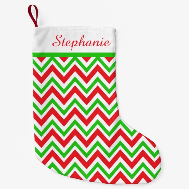Personalised Red and Green Chevron Christmas Small Christmas Stocking (Front)