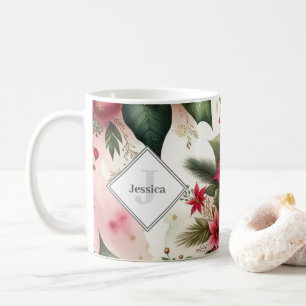 Personalised Red and Green Holiday Poinsettia Coffee Mug