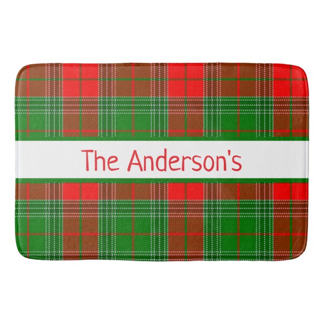 Personalised Red and Green Tartan Plaid  Bath Mat (Front)