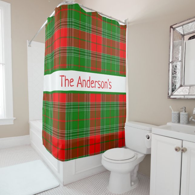 Personalised Red and Green Tartan Plaid Shower Curtain (In Situ)