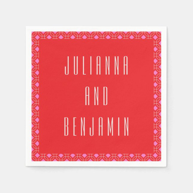 Personalised Red and Pink Geometric Wedding Names Napkin (Front)