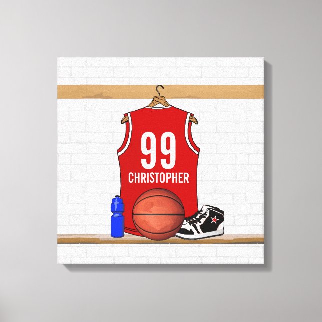 Personalised Red and White Basketball Jersey Canvas Print (Front)
