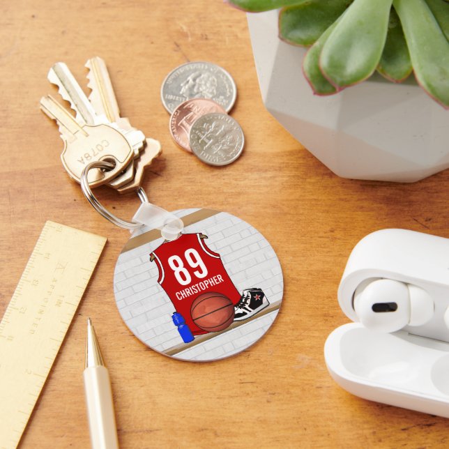 Personalised Red and White Basketball Jersey Key Ring (Desk)