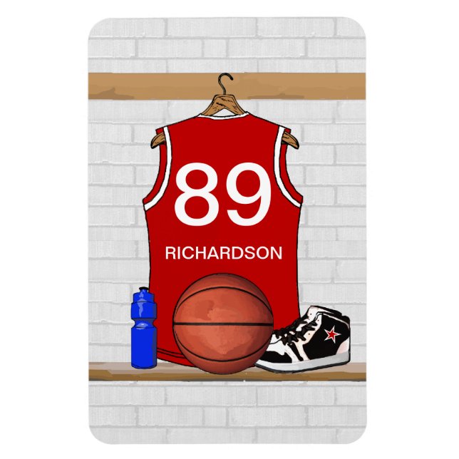 Personalised Red and White Basketball Jersey Magnet (Vertical)