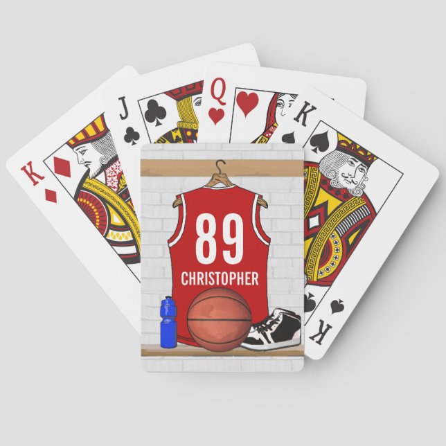 Personalised Red and White Basketball Jersey Playing Cards (Back)