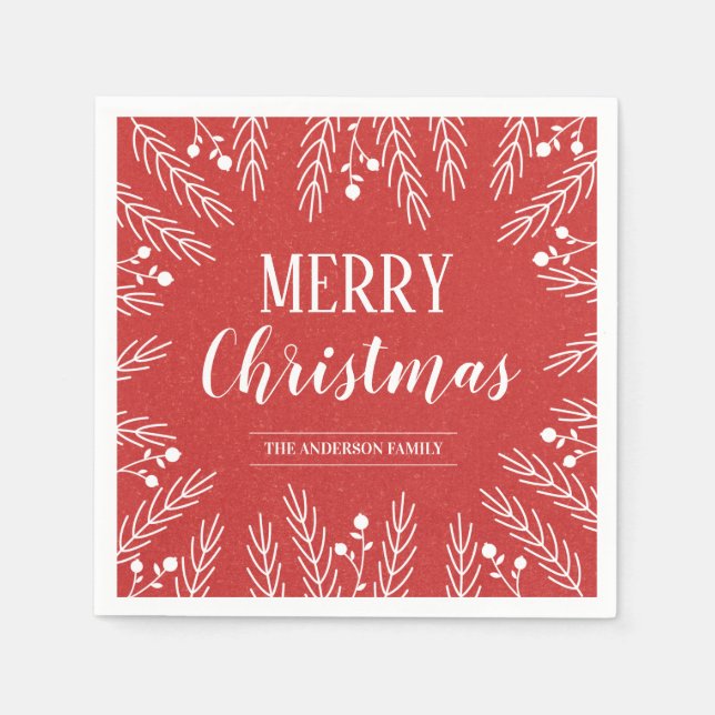 Personalised Red and White Foliage Merry Christmas Napkin (Front)