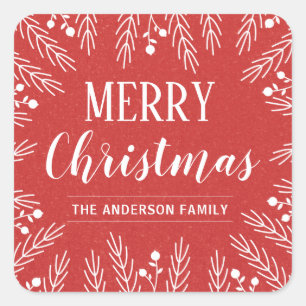 Personalised Red and White Foliage Merry Christmas Square Sticker
