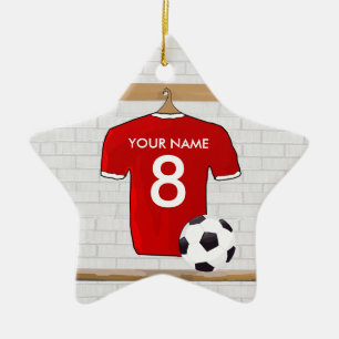 Personalised Red and White Football Soccer Jersey Ceramic Tree Decoration
