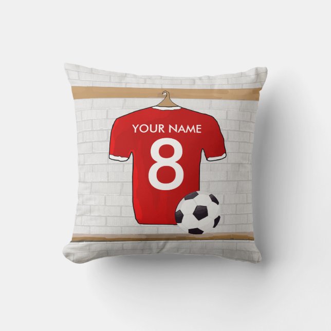 Personalised Red and White Football Soccer Jersey Cushion (Front)