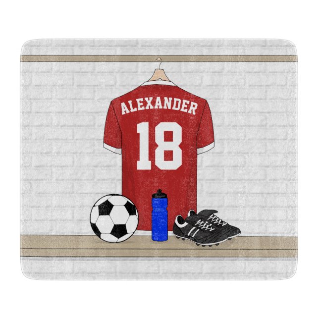 Personalised Red and White Football Soccer Jersey Cutting Board (Front)