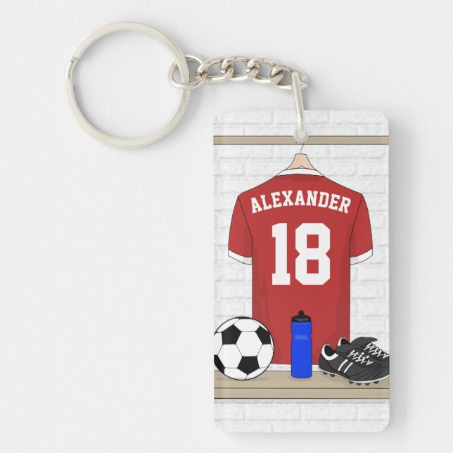 Personalised Red and White Football Soccer Jersey Key Ring (Front)