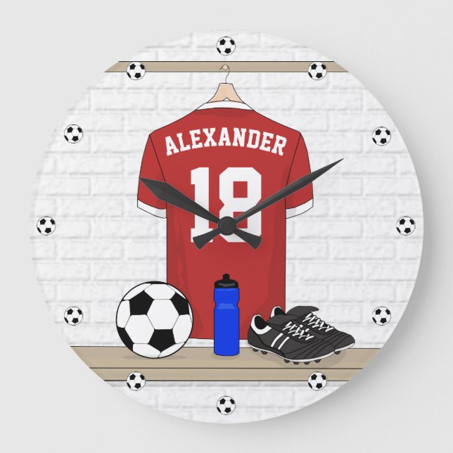 Personalised Red and White Football Soccer Jersey Large Clock (Front)