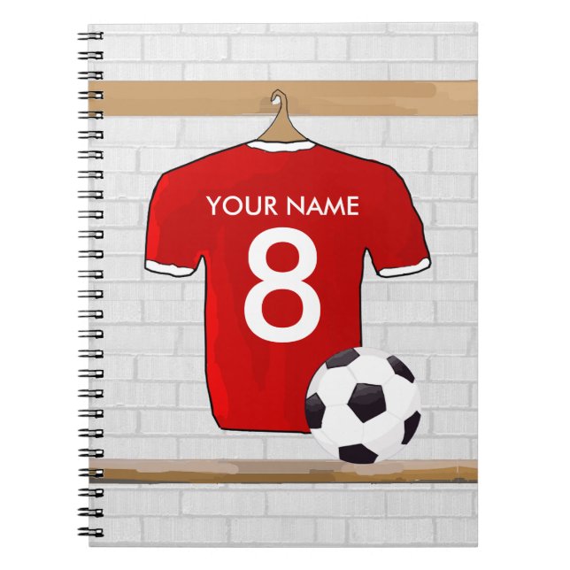 Personalised Red and White Football Soccer Jersey Notebook (Front)