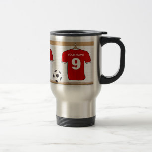Personalised Red and White Football Soccer Jersey Travel Mug