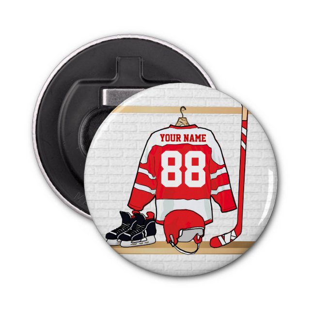 Personalised Red and White Ice Hockey Jersey Bottle Opener (Front)