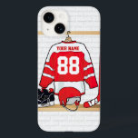 Personalised Red and White Ice Hockey Jersey Case-Mate iPhone 14 Case<br><div class="desc">A unique and fun sports design with a personalised ice hockey jersey hanging in a locker room with a helmet, ice skates and a hockey stick. The jersey can be fully personalised with the number and name of your choice to make a great gift for any ice hockey fan, ice...</div>