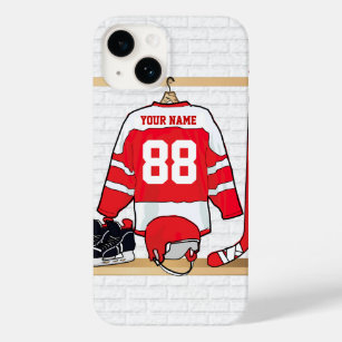 Personalised Red and White Ice Hockey Jersey Case-Mate iPhone 14 Case