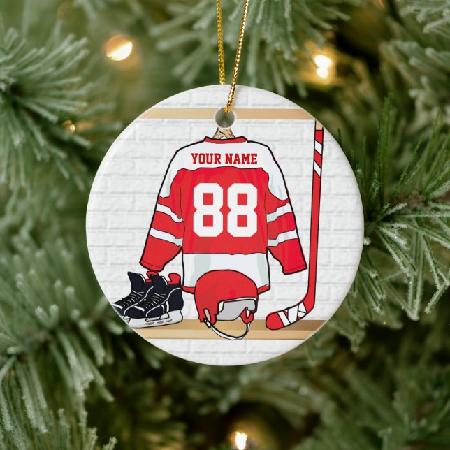 Personalised Red and White Ice Hockey Jersey Ceramic Tree Decoration (Tree)