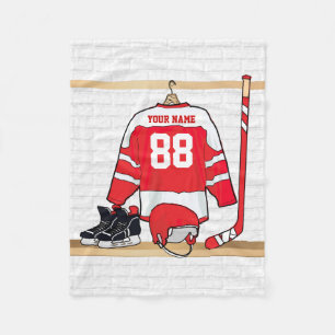 Personalised Red and White Ice Hockey Jersey Fleece Blanket