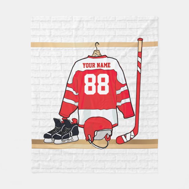 Personalised Red and White Ice Hockey Jersey Fleece Blanket (Front)
