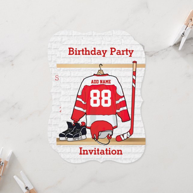 Personalised Red and White Ice Hockey Jersey Invitation (Front/Back In Situ)