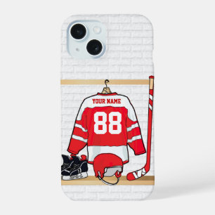Personalised Red and White Ice Hockey Jersey iPhone 15 Case