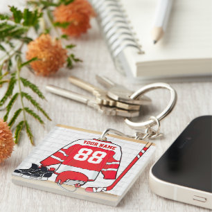 Personalised Red and White Ice Hockey Jersey Key Ring