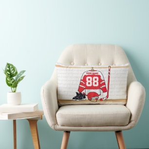 Personalised Red and White Ice Hockey Jersey Lumbar Cushion