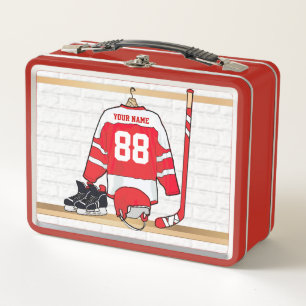 Personalised Red and White Ice Hockey Jersey Metal Lunch Box