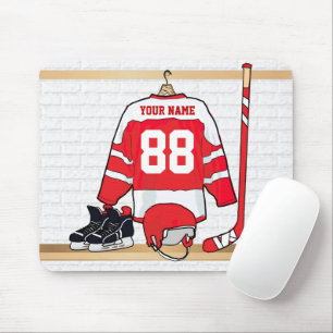 Personalised Red and White Ice Hockey Jersey Mouse Pad