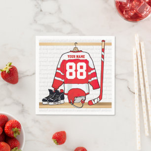 Personalised Red and White Ice Hockey Jersey Napkin
