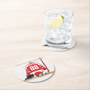 Personalised Red and White Ice Hockey Jersey Round Paper Coaster