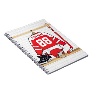 Personalised Red and White Ice Hockey Jersey Spiral Notebook