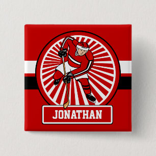 Personalised Red and White Ice Hockey Player 15 Cm Square Badge
