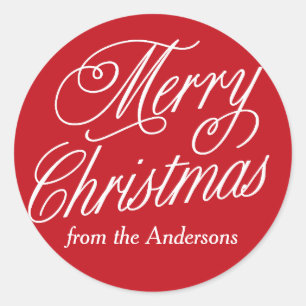 Personalised Red And White Merry Christmas Classic Round Sticker