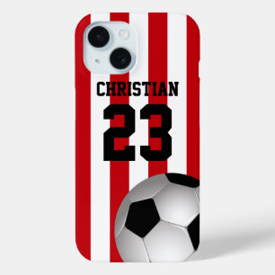 Personalised Red and White Stripes Soccer Ball iPhone 15 Case