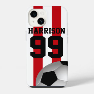 Personalised Red and White Stripes Soccer Ball iPhone 14 Case