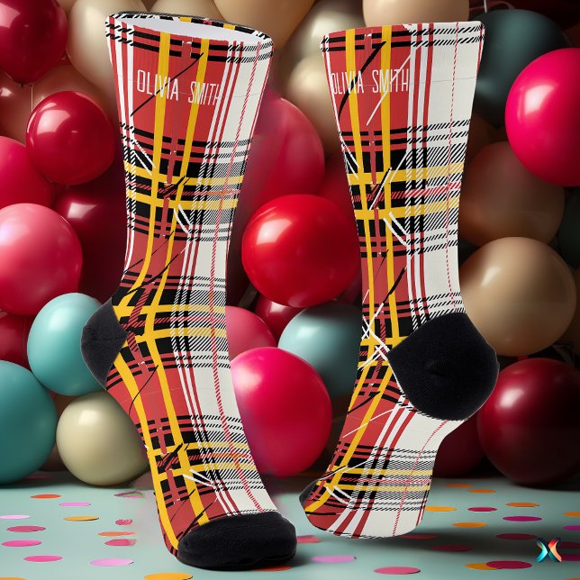 Personalised Red and Yellow Tartan Plaid Custom Socks (Creator Uploaded)
