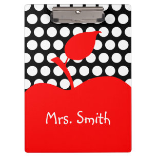 Personalised Red Apple Black and White Polka Dot Clipboard