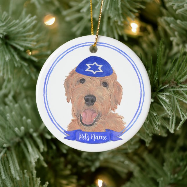 Personalised Red Apricot Gold Doodle Dog Hanukkah Ceramic Tree Decoration (Tree)