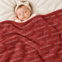 Personalised Red Baby Name Pattern Nursery Blanket